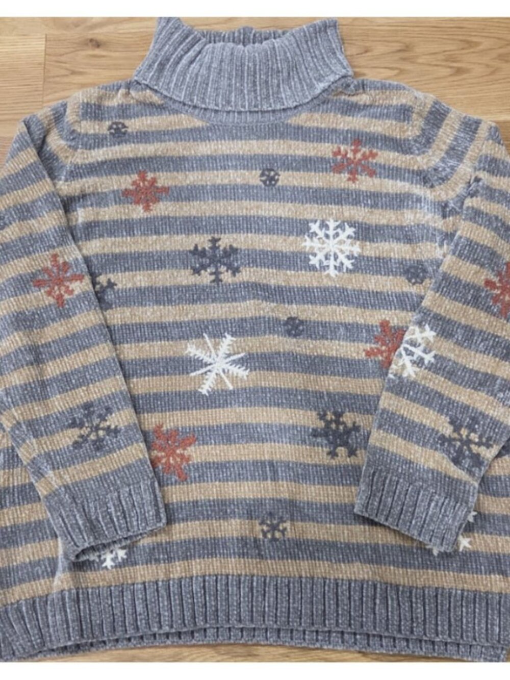 Coldwater Creek Luxe Chenille Turtleneck Sweater Gray Tan Snowflake Holiday 1X - Picture 2 of 10